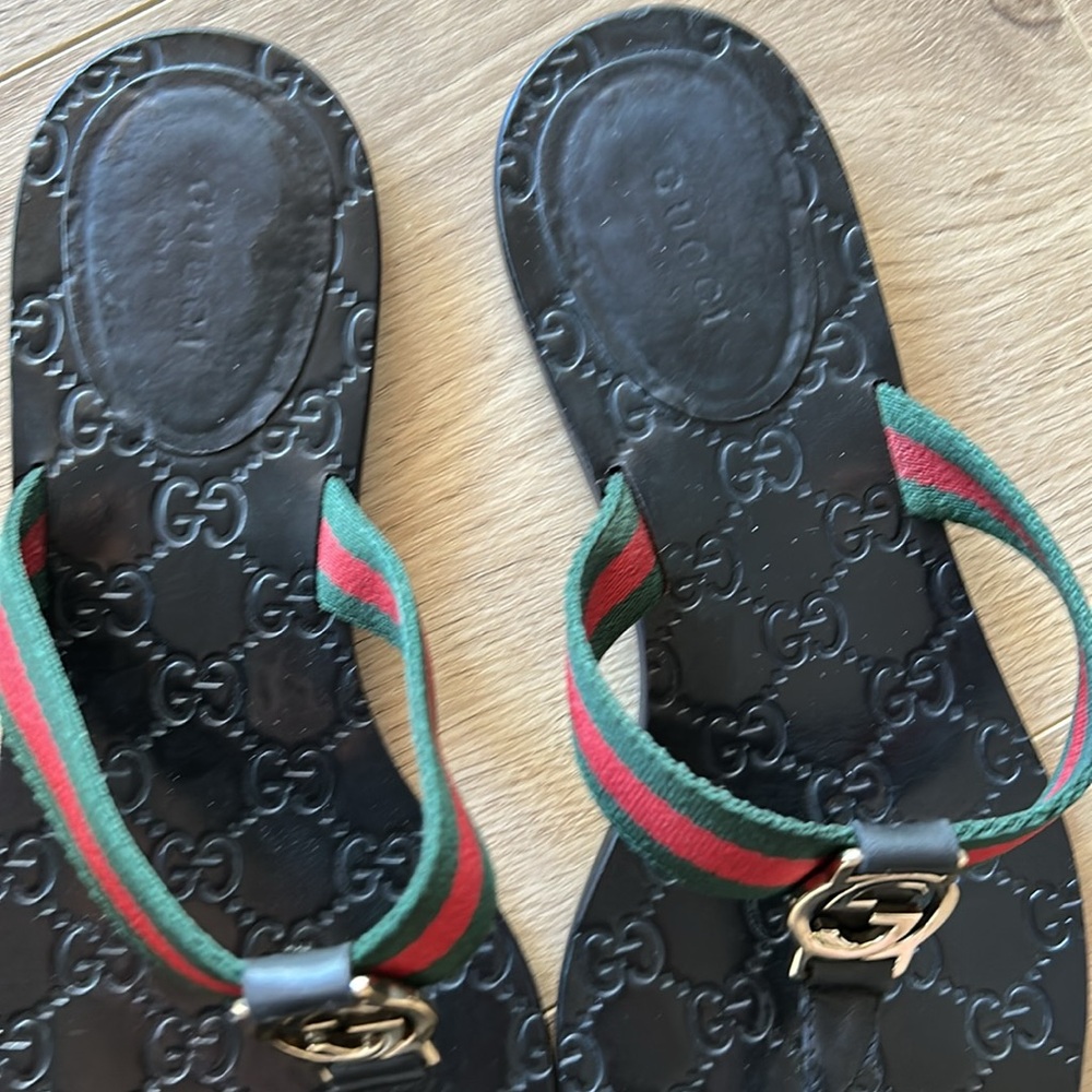 Gucci Interlocking GG Thong Black Leather Flat Flip Flop Thong Sandal IT 39.5 - Picture 7 of 12